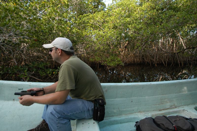 John Gust with GPS in the mangroves near Xuxub.