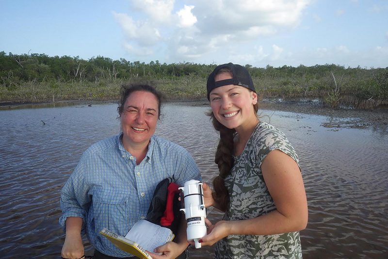 Trish Beddows and Danielle Mercure in the field near Vista Alegre deploying a new data logger.